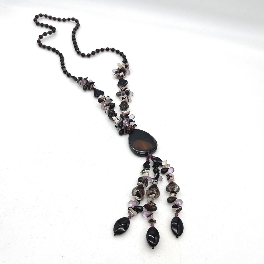 Black Onyx Amethyst Smoky Quartz Beaded Tassel Necklace Agate Pendant 26 Inch